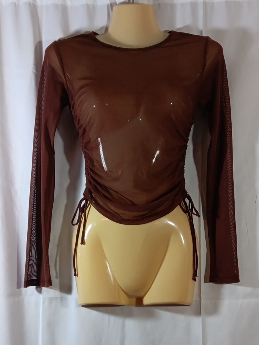 Popular 21 Womens Small Brown Mesh Top Sheer Stretch Ruched Sides Long Sleeves